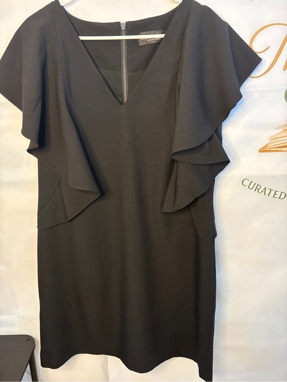 New York and Company Gabriel Union Black Ruffle Short Sleeve Deep V-Neck Dress